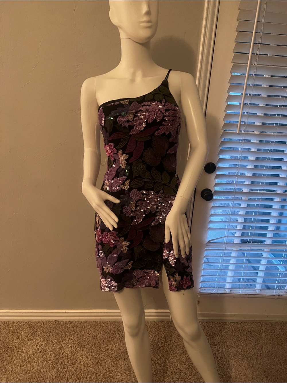 One-Shoulder Purple Sequin Floral Mini Dress
